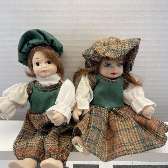 Vintage 6” Mini Porcelain Dolls Posable Plaid Outfit Couple Hand Painted B#3 - Picture 1 of 12